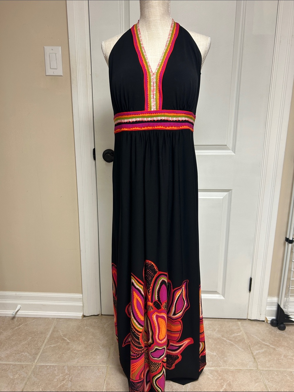 Black Halter Maxi Dress with Pink & Orange Trim
